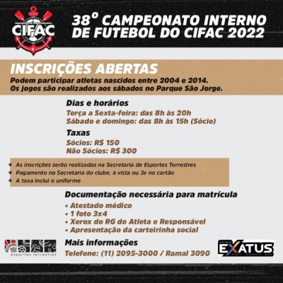 Corinthians abre inscrições para Campeonato Interno de Futebol do Cifac 2022