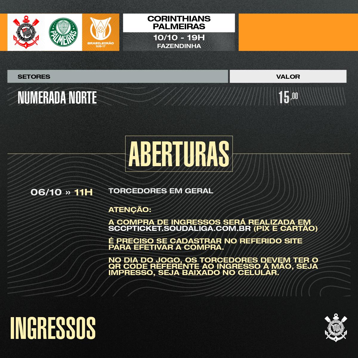 Brasileirão Sub-20: Palmeiras e Corinthians terá entrada gratuita; Veja  como retirar o ingresso